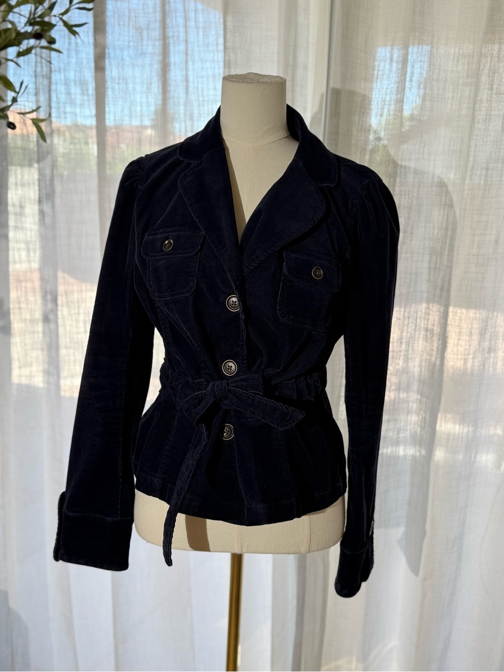 Ann Taylor 2000s LOFT Navy Blue Corduroy Belted Utility Blazer Jacket Sz 10